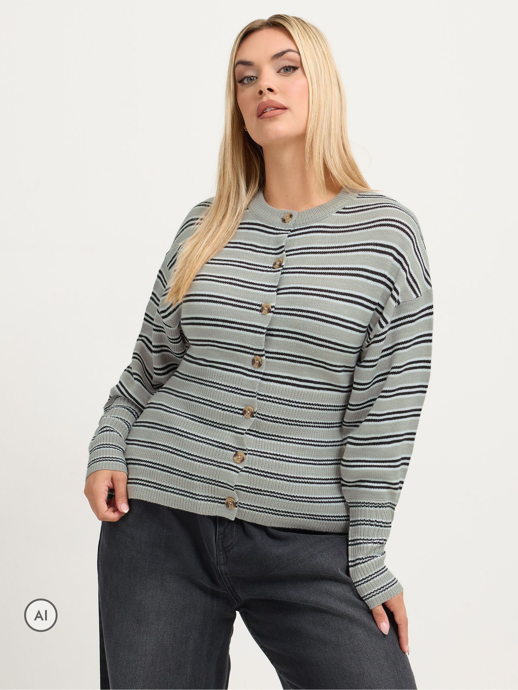 Yours Women's Pale Green Stripe Flare Hem Cardigan In | Size: 26/28 - Image 2