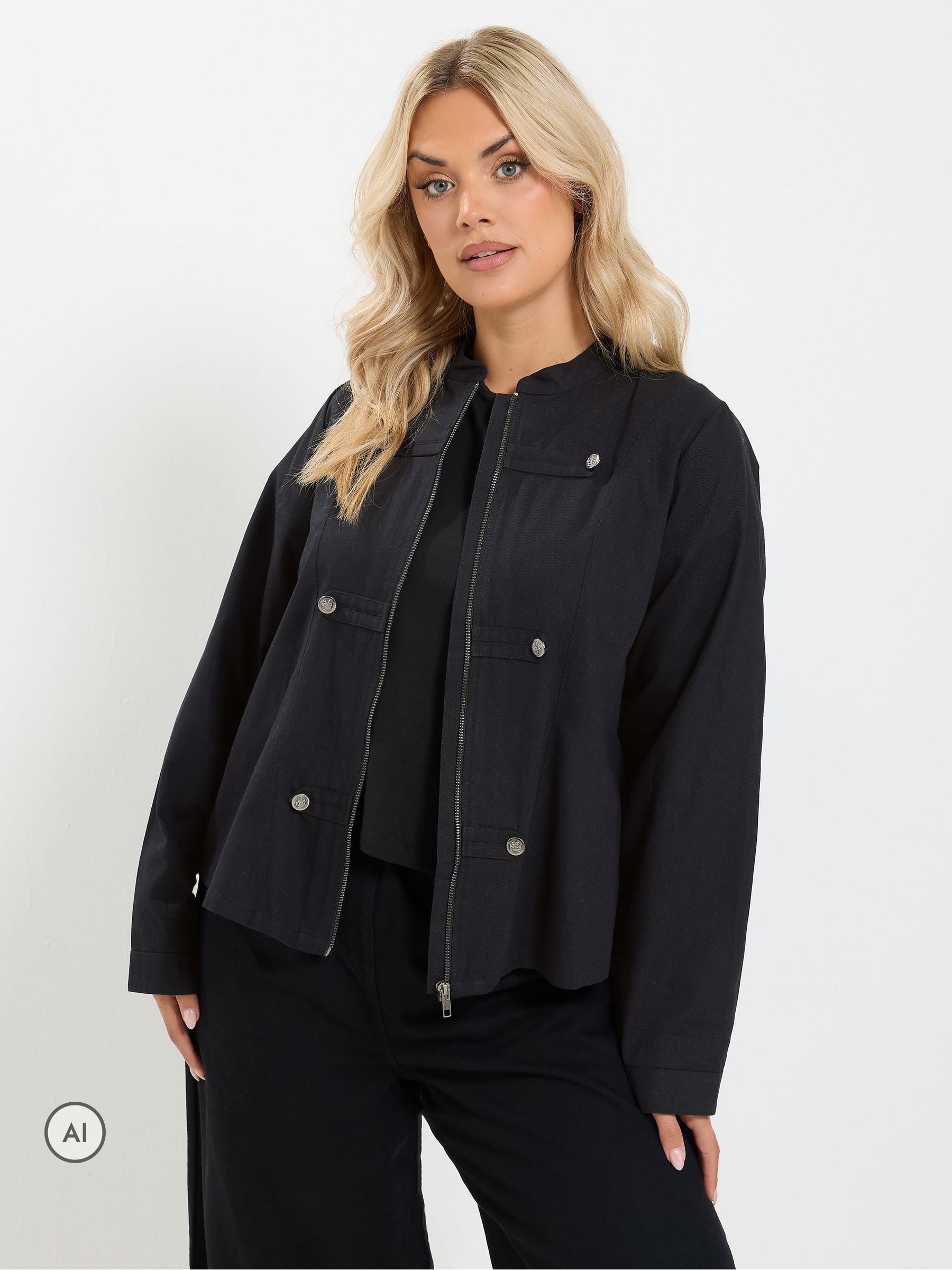 Yours Curve Women's Black Button Detail Military Jacket - Image 1