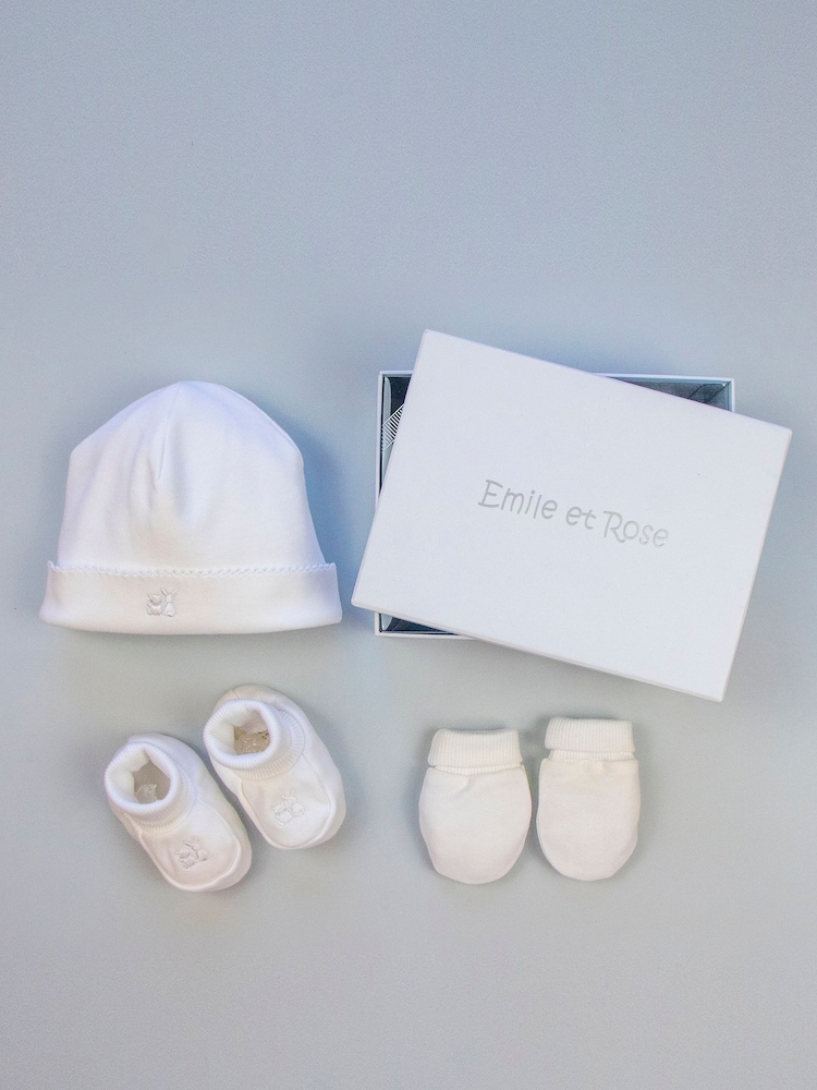 Emile et Rose White 100% Cotton Hat Bootee & Mitt Gift Set - Image 2 of 3