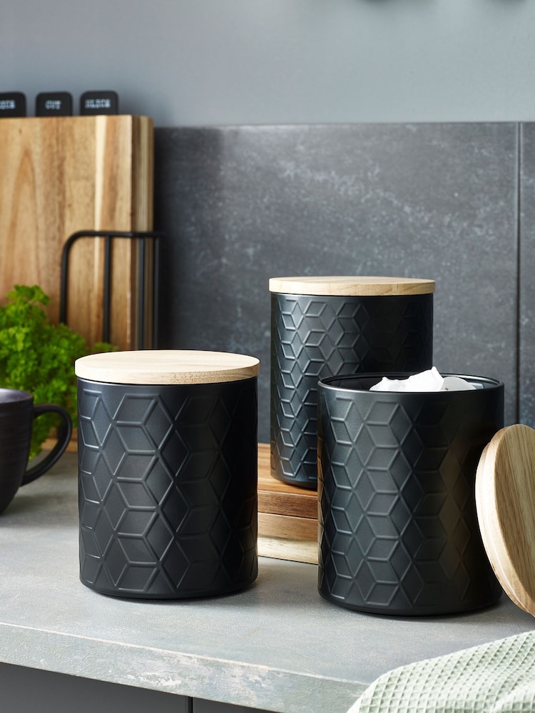 Set of 3 Black Embossed Geo Storage Tins - Image 1 of 3