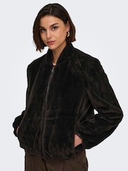 JDY Black Faux Fur Zip Up Jacket - Image 1 of 6