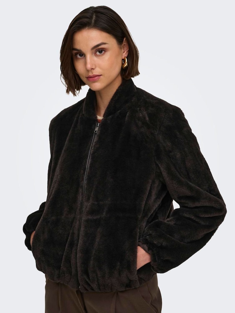 JDY Black Faux Fur Zip Up Jacket - Image 1 of 6 JDY Black Faux Fur Zip Up Jacket - Image 1 of 6
