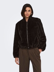 JDY Black Faux Fur Zip Up Jacket - Image 2 of 6