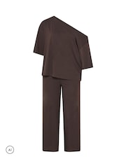 Yours Curve Brown Co-ord Slash Neck T-Shirt And Trousers Set - Image 1 of 2