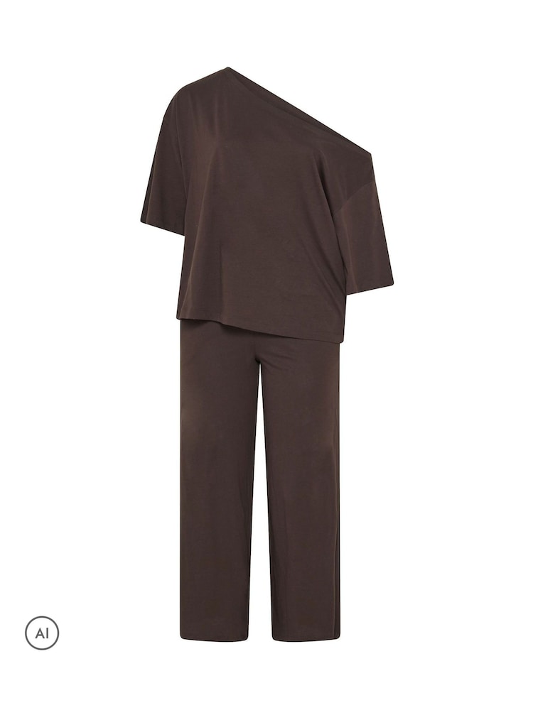 Yours Curve Brown Co-ord Slash Neck T-Shirt And Trousers Set - Image 1 of 2