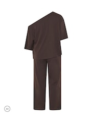 Yours Curve Brown Co-ord Slash Neck T-Shirt And Trousers Set - Image 2 of 2