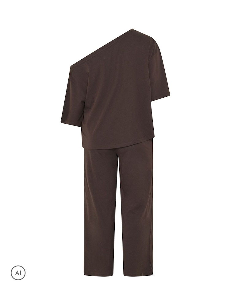 Yours Curve Brown Co-ord Slash Neck T-Shirt And Trousers Set - Image 2 of 2