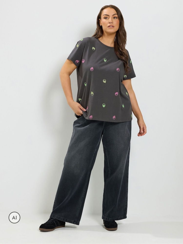 Yours Curve Core Skull Embroidered T-Shirt - 6суретінің 2 суреті