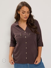 Yours Curve Brown Jersey Full Placket Shirt - Image 1 of 6