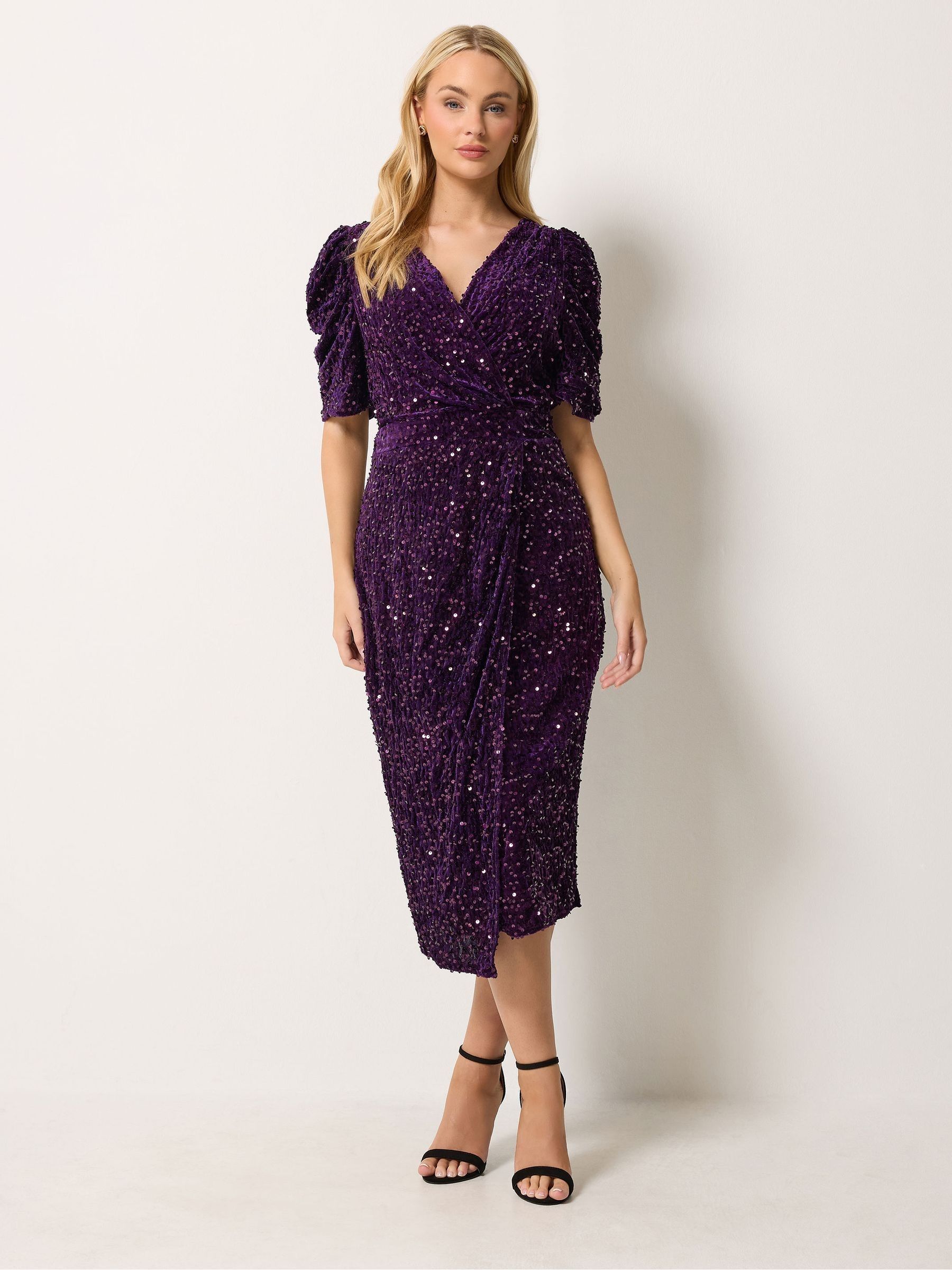 M & Co Women's Purple Velvet Short Sleeve Sequin Wrap Dress
