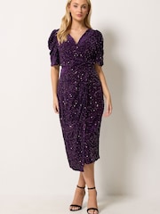 M&Co Purple Velvet Short Sleeve Sequin Wrap Dress - Image 2 of 7