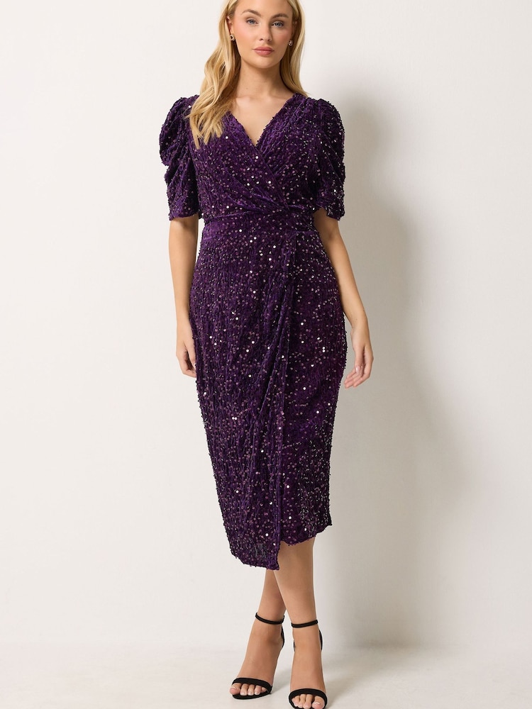 M&Co Purple Velvet Short Sleeve Sequin Wrap Dress - Image 2 of 7 M&Co Purple Velvet Short Sleeve Sequin Wrap Dress - Image 2 of 7