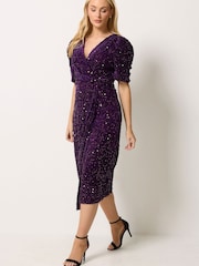 M&Co Purple Velvet Short Sleeve Sequin Wrap Dress - Image 3 of 7