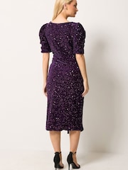 M&Co Purple Velvet Short Sleeve Sequin Wrap Dress - Image 4 of 7
