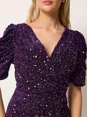 M&Co Purple Velvet Short Sleeve Sequin Wrap Dress - Image 5 of 7