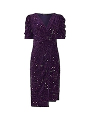 M&Co Purple Velvet Short Sleeve Sequin Wrap Dress - Image 6 of 7