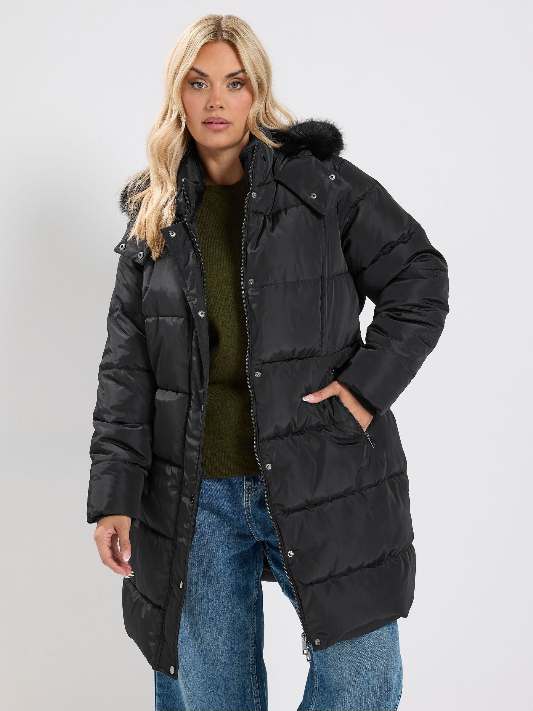 Yours Curve Women's Black Midi Puffer Coat - Image 1
