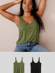 Black/ Khaki Green Strappy Scoop Neck Slouch Ribbed Vests 2 Pack - Image 1 of 10