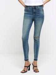 River Island Blue High Rise Tummy Hold Supper Skinny Ripped  Jeans - Image 1 of 7