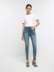River Island Blue High Rise Tummy Hold Supper Skinny Ripped  Jeans - Image 2 of 7