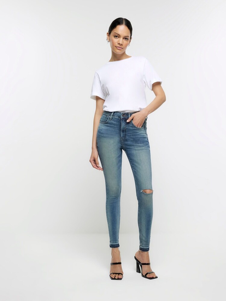 River Island Blue High Rise Tummy Hold Supper Skinny Ripped  Jeans - Image 2 of 7
