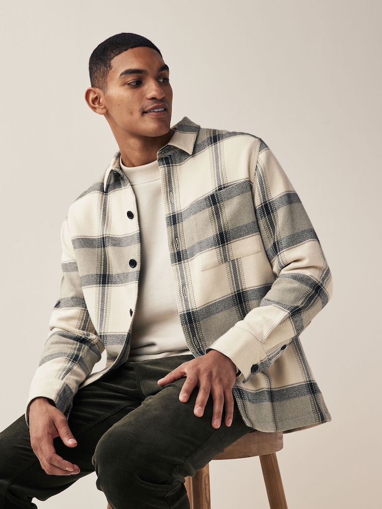 Ecru Cream/Green Textured Check Shacket - Image 2 of 6