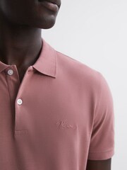 Reiss Dusty Rose Peters Slim Fit Garment Dyed Embroidered Polo Shirt - Image 1 of 6