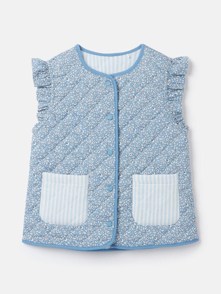 Joules Girls' Raye Blue Floral Reversible Print Quilted Gilet - Image 1 of 5
