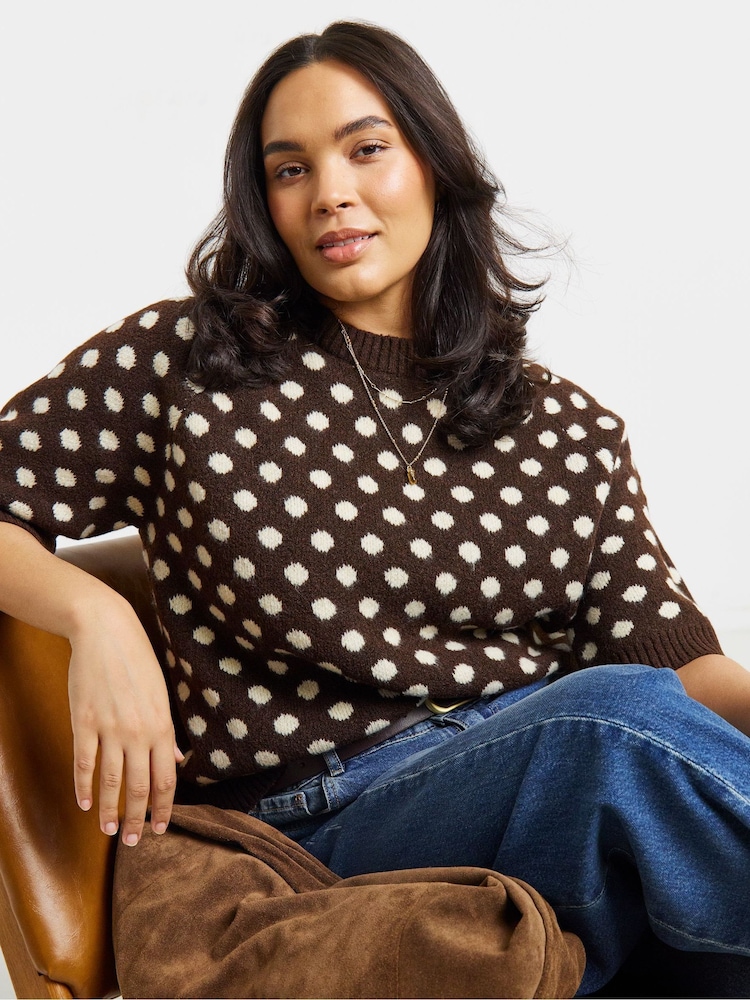 Simply Be Brown Half Sleeve Polka Dot Jumper - Image 1 of 4 Simply Be Brown Half Sleeve Polka Dot Jumper - Image 1 of 4