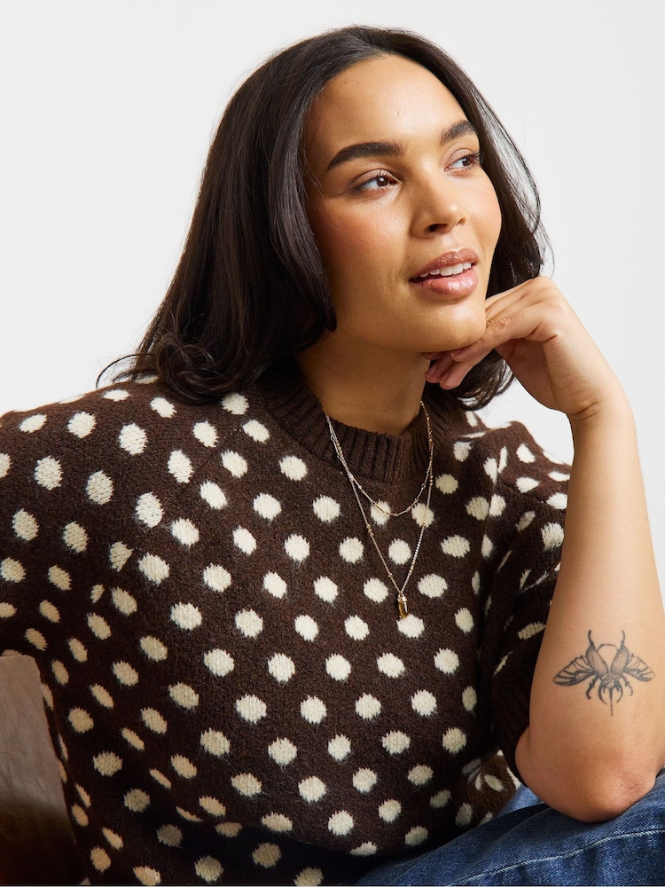 Simply Be Brown Half Sleeve Polka Dot Jumper - Image 2 of 4 Simply Be Brown Half Sleeve Polka Dot Jumper - Image 2 of 4