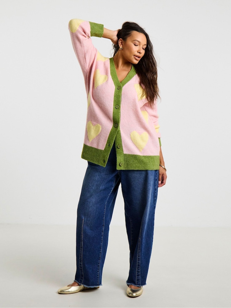 Simply Be Pink Heart Boyfriend Cardigan - Image 1 of 4 Simply Be Pink Heart Boyfriend Cardigan - Image 1 of 4