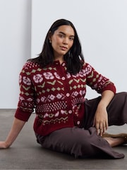 Simply Be Brown Floral Fair Isle Crew Neck Cardigan - Image 1 of 4