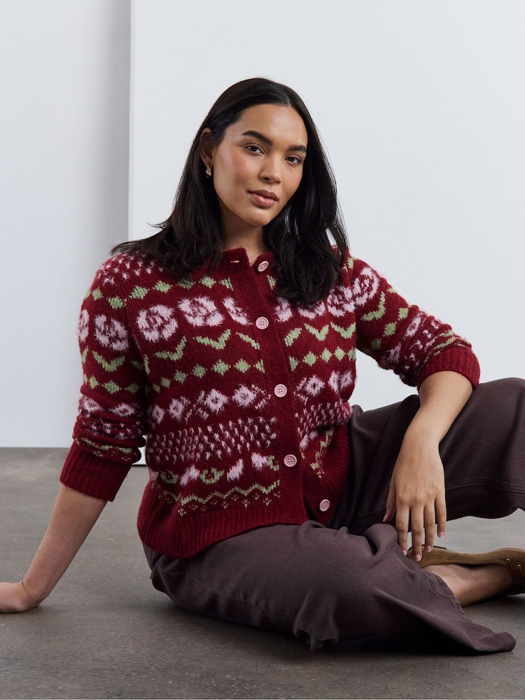 Simply Be Brown Floral Fair Isle Crew Neck Cardigan - Image 1 of 4