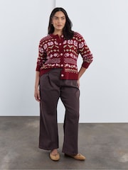 Simply Be Brown Floral Fair Isle Crew Neck Cardigan - Image 2 of 4