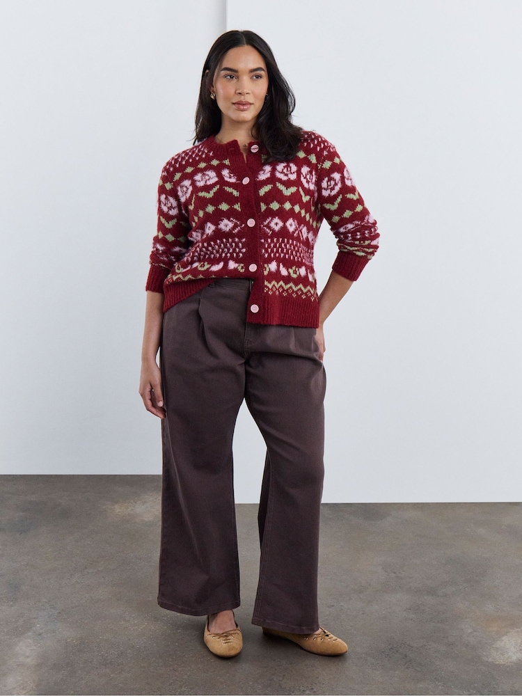 Simply Be Brown Floral Fair Isle Crew Neck Cardigan - Image 2 of 4