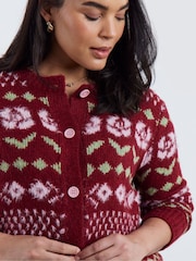 Simply Be Brown Floral Fair Isle Crew Neck Cardigan - Image 3 of 4