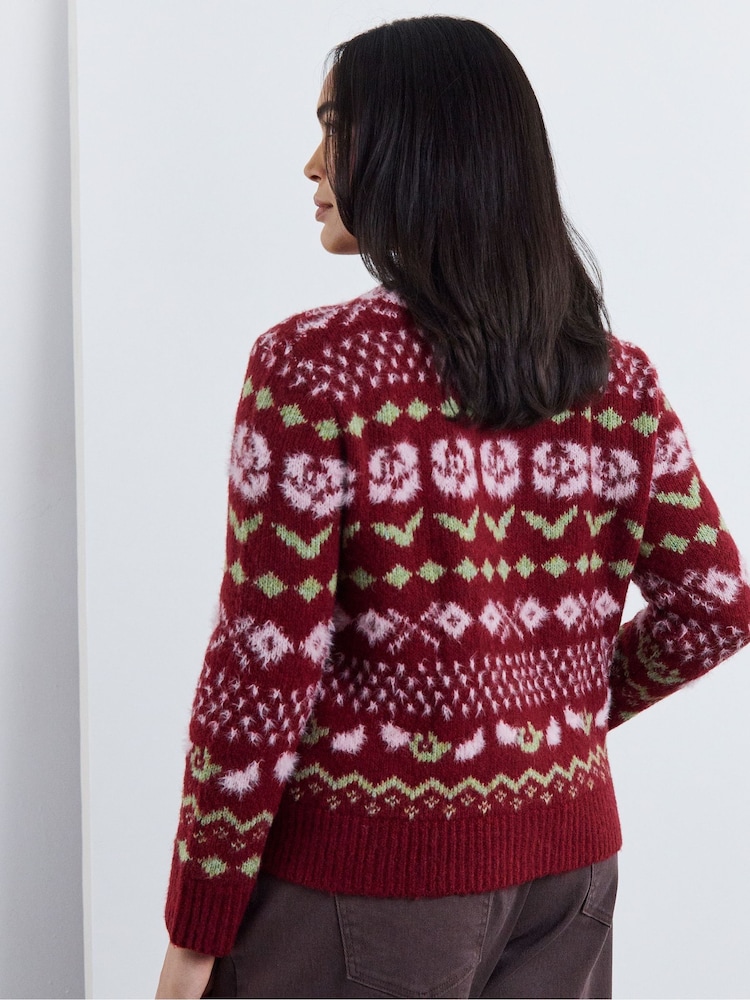 Simply Be Brown Floral Fair Isle Crew Neck Cardigan - Image 4 of 4
