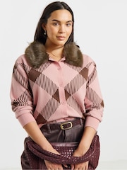 Simply Be Pink Fur Collared Check Cardigan - Image 1 of 4