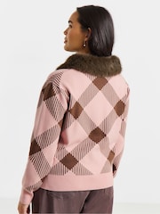 Simply Be Pink Fur Collared Check Cardigan - Image 2 of 4