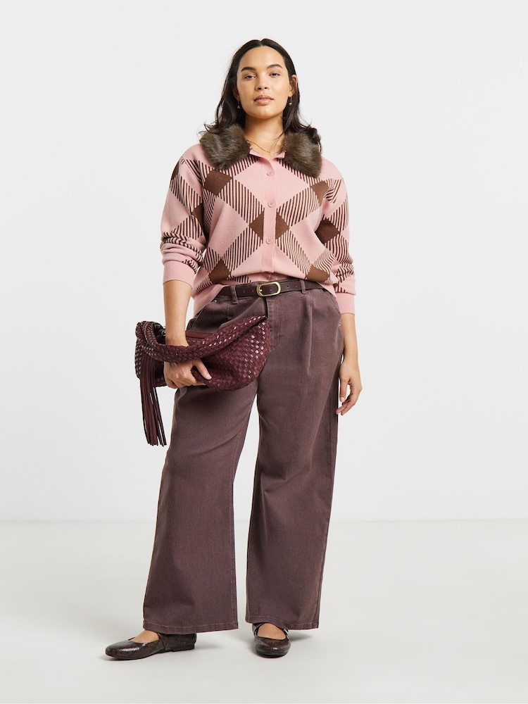 Simply Be Pink Fur Collared Check Cardigan - Image 4 of 4 Simply Be Pink Fur Collared Check Cardigan - Image 4 of 4