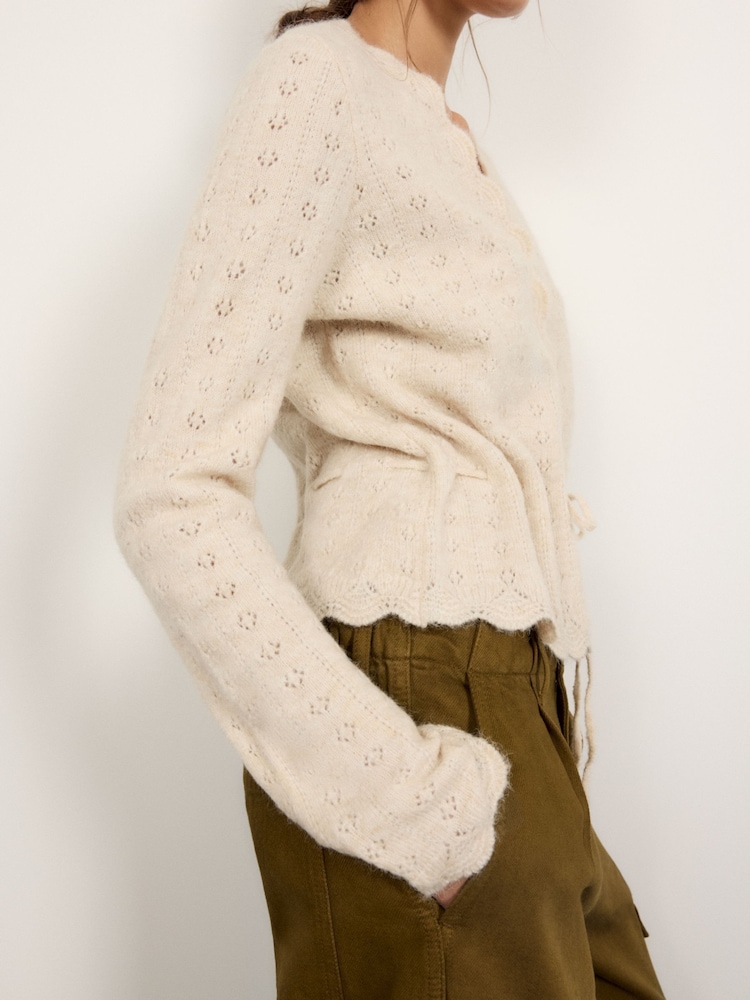 BHOEM Beige Pointelle Tie Waist Knitted Cardigan With Wool - Image 2 of 5