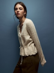 BHOEM Beige Pointelle Tie Waist Knitted Cardigan With Wool - Image 4 of 5