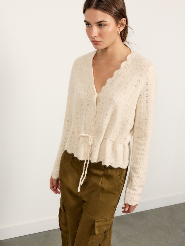 BHOEM Beige Pointelle Tie Waist Knitted Cardigan With Wool - Image 5 of 5