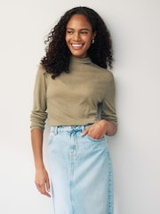 Khaki Green Long Sleeve High Neck Semi-Sheer Top - Image 1 of 6