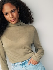 Khaki Green Long Sleeve High Neck Semi-Sheer Top - Image 2 of 6