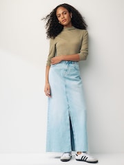 Khaki Green Long Sleeve High Neck Semi-Sheer Top - Image 3 of 6