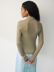 Khaki Green Long Sleeve High Neck Semi-Sheer Top - Image 4 of 6