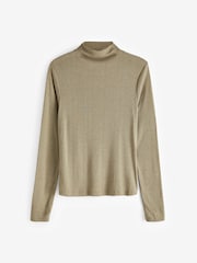 Khaki Green Long Sleeve High Neck Semi-Sheer Top - Image 5 of 6