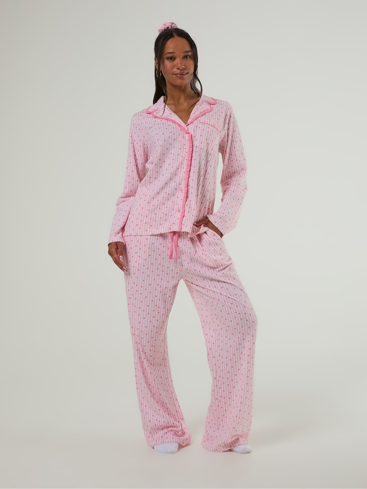 Skinnydip Pink Heart Ditsy Frilly Pyjamas Set with Scrunchie - Image 1 of 9 Skinnydip Pink Heart Ditsy Frilly Pyjamas Set with Scrunchie - Image 1 of 9