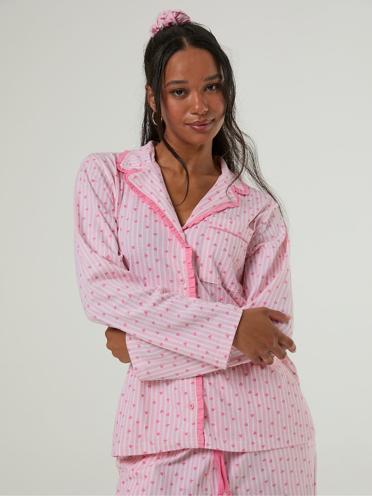 Skinnydip Pink Heart Ditsy Frilly Pyjamas Set with Scrunchie - Image 2 of 9 Skinnydip Pink Heart Ditsy Frilly Pyjamas Set with Scrunchie - Image 2 of 9